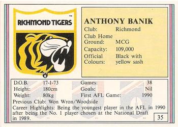 1992 AFL Regina #35 Anthony Banik Back